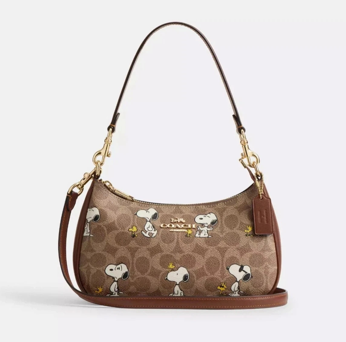 Coach x Peanuts Snoopy Signature Canvas Shoulder Bag Crossbody Handbag Brown